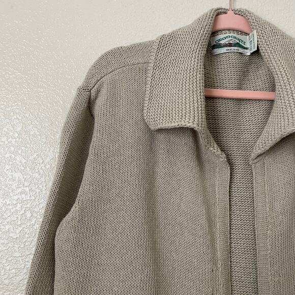 Aran‎ Crafts Ireland Cardigan Womens Large Tan Knit Eyelet Fisherman Sweater - Picture 4 of 13